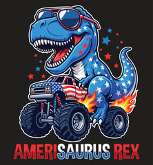 Cool Amerisaurus Rex Patriotic T-Rex Dinosaur Riding Monster Truck Vector Illustration © masumdesign