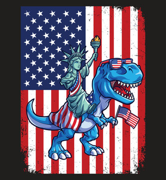 Statue of Liberty Riding a T-Rex Dinosaur with American Flag Vector Design for the 4th of July