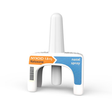 Nyxoid naloxone nasal spray used for emergency opioid overdose reversal, healthcare, addiction treatment, public health and pharmaceutical concept. Editorial use only