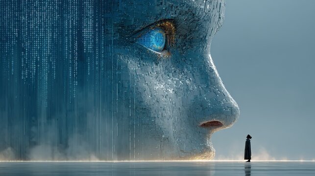 Human Gazing Huge Ethereal Fragmented Head Blue Eyes Reflective Digital Elements Vertical Binary Code Glowing Circular Base Foreground Small Figure Blue Silver White Cool Tones

