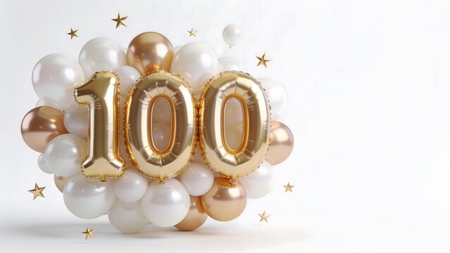 Gold foil balloons spelling number 100 on white textured background with copy space, golden metallic 100th birthday anniversary celebration banner, golden centennial milestone event layout template
