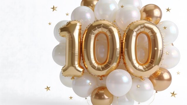 Gold foil balloons spelling number 100 on white textured background with copy space, golden metallic 100th birthday anniversary celebration banner, golden centennial milestone event layout template