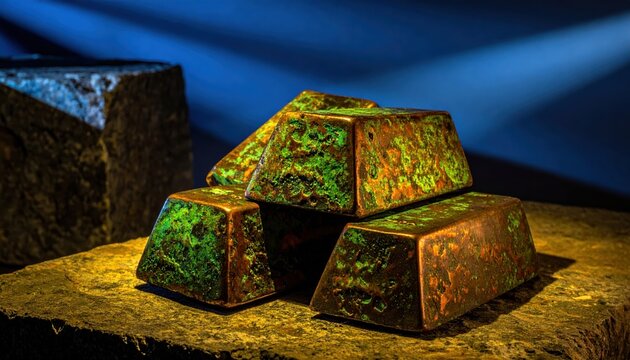 Heavily Patinated Copper Ingots with Green Verdigris Texture Resting Solidly on a Rough Surface