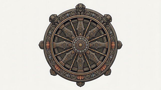 Ornate Dharma Wheel Dharmachakra Illustration with Lion Carvings