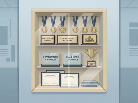 Trophy case with participation medals for rent season survival concept