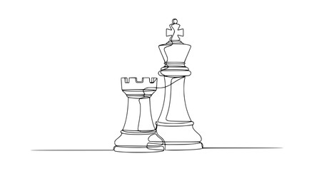 Obraz premium Continuous line drawing of chess king and rook pieces on white background, strategy concept