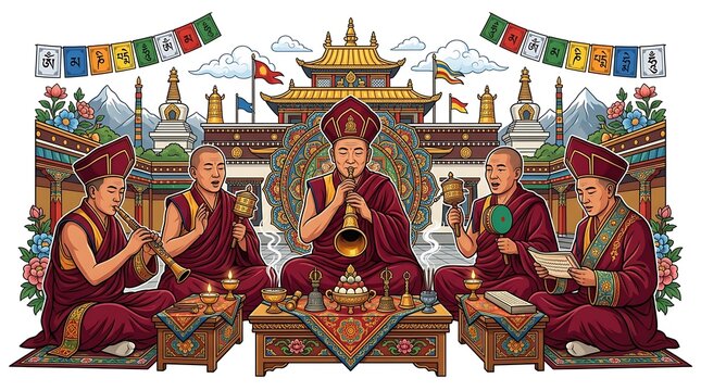 Tibetan Monks Performing Traditional Buddhist Ritual Ceremony Illustration