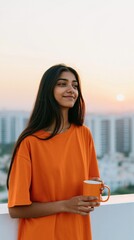 Obraz premium Smiling young woman on balcony with orange mug at sunset for cozy lifestyle background and wellness banner design