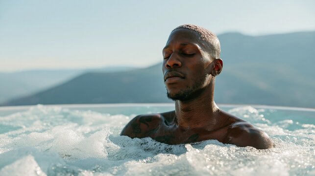 Relaxed man in a bubbling hot tub with panoramic mountain landscape for wellness background and spa relaxation banner