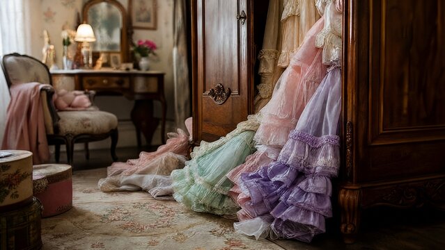 petticoats. Colorful petticoats spilling from an ajar antique wardrobe door. event key visuals, club posters, designed for sports event promotions and stadium branding, used by event planners.