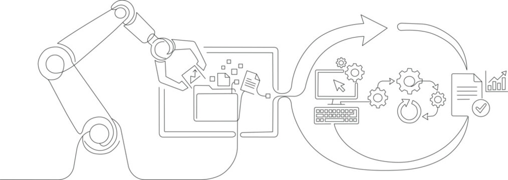Continuous one line drawing of robotic process automation workflow. Industrial robot arm processing digital documents and automated business operations with workflow management, data processing 