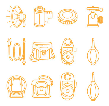 Equipment set featuring a flash, roll, lens cap, tripod head, shutter release cable, camera bag, light meter, and blower