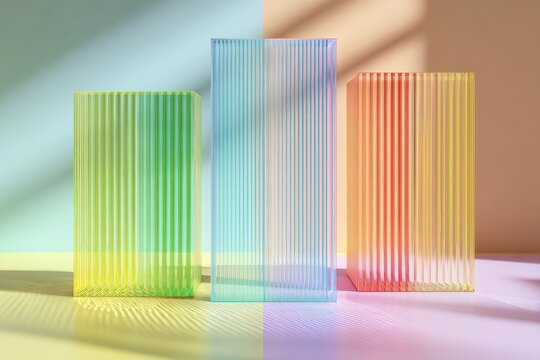 Three grooved rectangular prisms in vibrant hues cast shadows on a pastel background