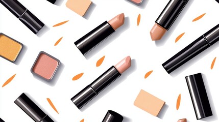 Obraz premium Professional makeup collection featuring lipsticks and eyeshadow palettes on white background