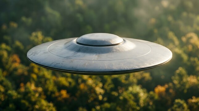 Metallic Unidentified Flying Object Hovering Silently Above a Dense Forest Landscape Representing Extraterrestrial Visitation and Cosmic Mystery