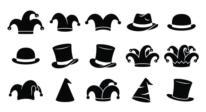 Collection Of Various Hats And Jester Caps In Black Silhouette