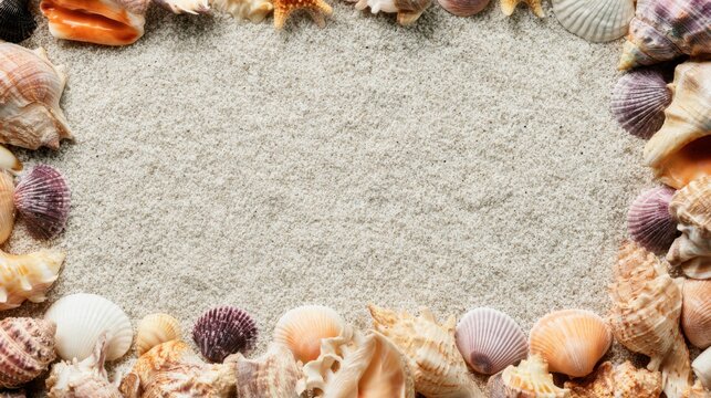 Shell border on soft sand, pastel shells and spiral conches arranged as natural frame for summer greeting or poster, warm sunlight casting subtle shadows, textured grains visible, coastal mood ideal