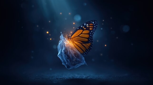 Vibrant orange butterfly emerges from a translucent cocoon in a dark, atmospheric setting