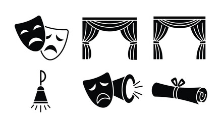 Theatrical drama masks and props on stage with curtains and spotlight © Rakib Anik