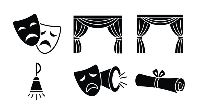 Theatrical drama masks and props on stage with curtains and spotlight