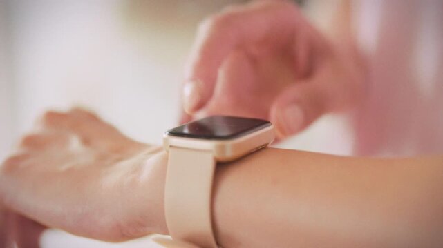 In close-up shot, girl examines data on her fitness watch, focusing on cardio load and physical activity stats. scene highlights personal health monitoring and the tech's role in optimizing workouts