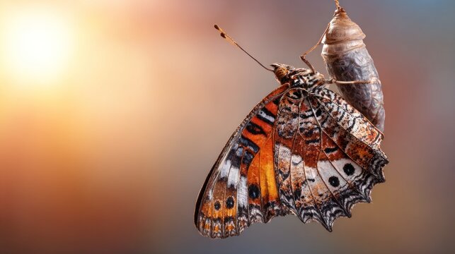 Newly emerged butterfly clings beside its empty pupa case during a bright sunrise
