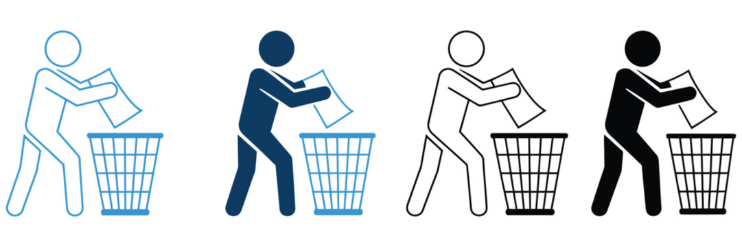 Recycle icon showing a person disposing of trash into a waste bin, promoting environmental responsibility, cleanliness, sustainability, and proper waste management.