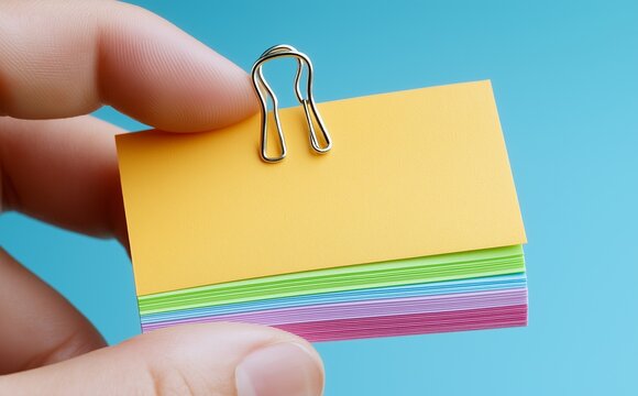 Colorful business card-sized note cards held together with a clip