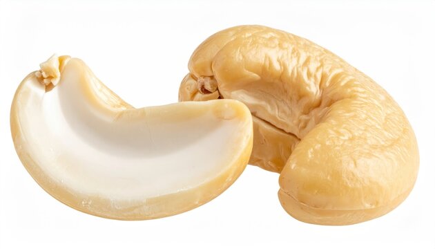 Two pale, curved, and kidney-shaped nuts, one broken