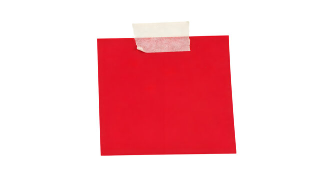 Red rectangular post it note with a strip of adhesive tape affixed to the upper edge on transparent background paper sticky post it