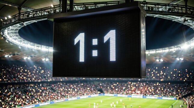 Wide shot of a professional football match in a crowded stadium with a large digital scoreboard showing a tied score of one to one