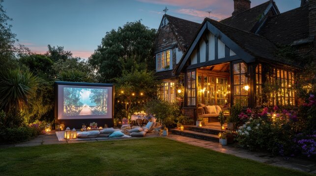 Openair cinema with comfortable seating. Outdoor patio screening featuring cushions and ambient lighting. Enjoy evenings under stars with comfortable outdoor movie setup and inviting ambiance