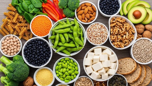 Variety of plant based protein sources and legumes.