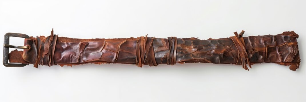 Damaged leather strap on display in a simple setting