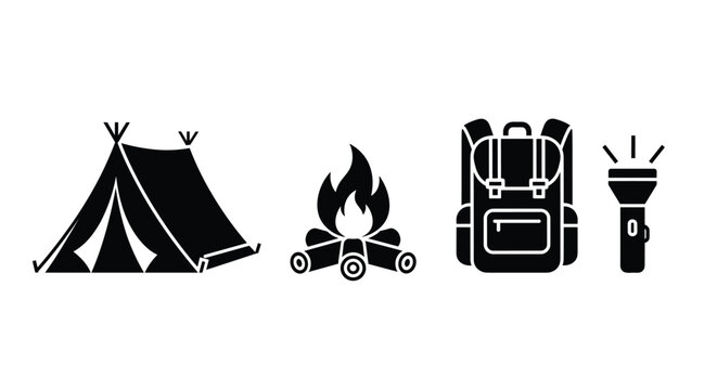 Camping scene with a tent, campfire, backpack, and flashlight at night