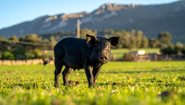 Black Farm Pig Standing in Green Pasture with Mountain Background