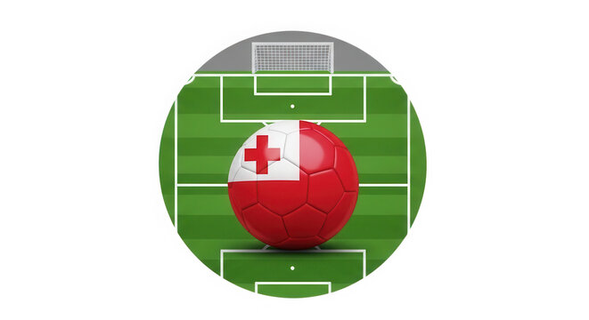 Tonga flag on a soccer ball over a green grass field football pitch isolated on a transparent background