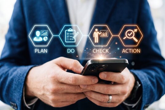 Businessman using smartphone for pdca cycle management