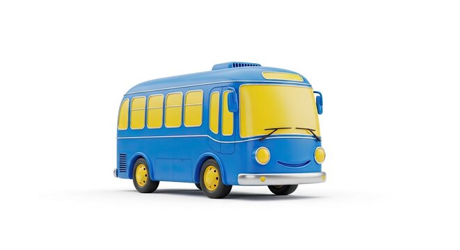 3D blue toy school bus model on white background.