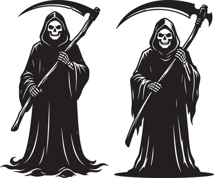 Grim reaper silhouette vector black graphic set on white background with skeleton illustration monochrome isolated silhouette