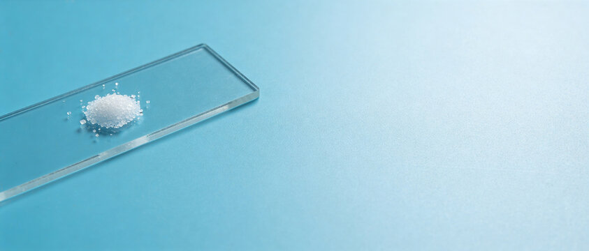 Small heap of white crystalline powder on a glass microscope slide against a light blue background.