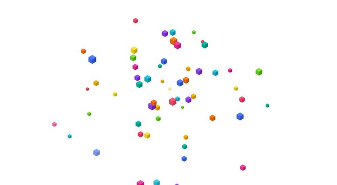 Abstract motion animation background, with floating colorful, 3 d cubes, on white