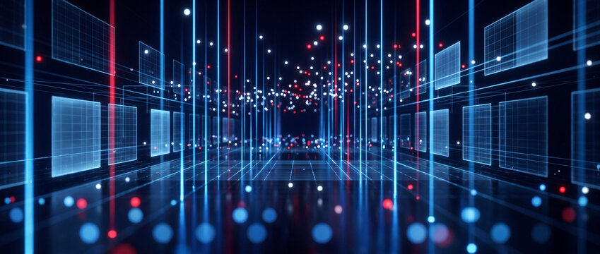 A dark, abstract digital landscape with glowing blue and red data streams and geometric structures for modern commercial design, branding, marketing, web and presentation use
