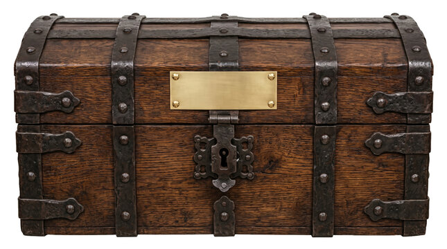 Antique wooden treasure chest with blank brass plaque isolated