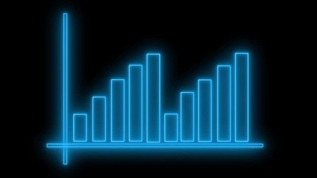 Neon-style bar chart with vertical and horizontal axes glowing outline and varying bar heights animation