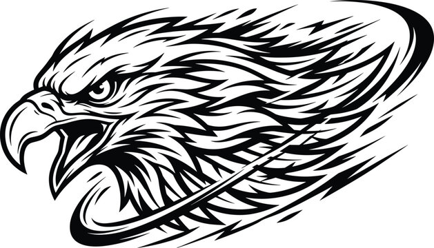 Aggressive eagle head profile vector art illustration with sharp feathers and dynamic speed lines for sports mascot