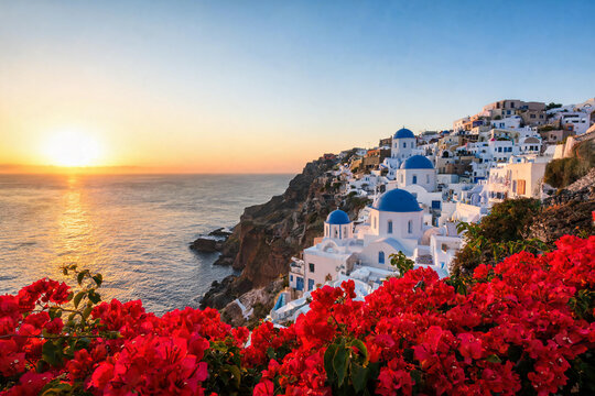 Sunset view over a coastal town with white buildings and blue domes overlooking the sea with vibrant red flowers in the foreground