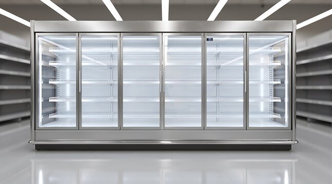 Commercial Refrigerator Display in Supermarket - Empty Shelves and Glass Doors, Bright Lighting.