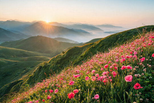 Sunrise over Mountain Hills with Blooming Pink Wildflowers