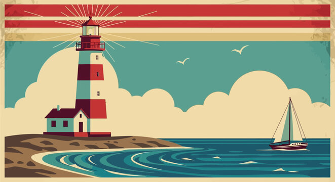 Retro lighthouse on coast with sailboat, vintage nautical scene, sea travel